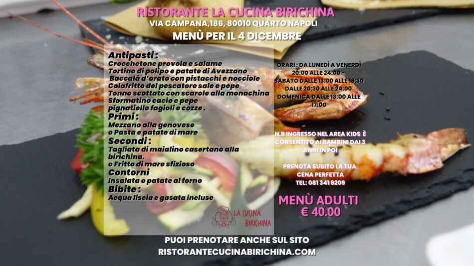 Menù per IL 4 Dicembre – Ristorante Napoli